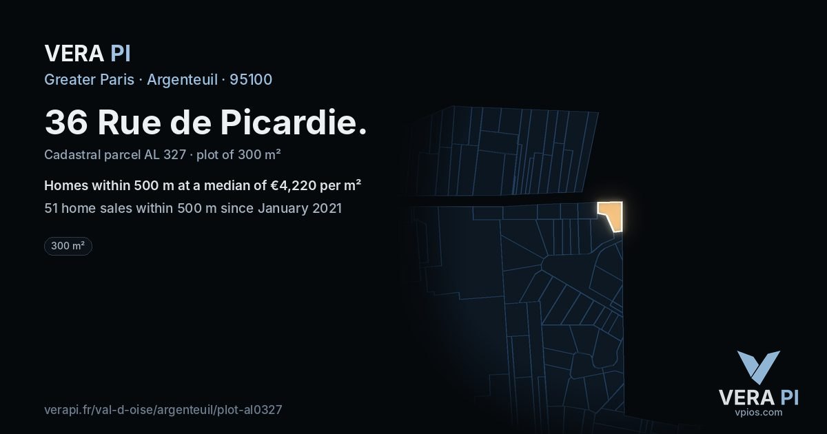 36 Rue de Picardie, Argenteuil at night – the plot lit, the parcels around coloured by the prices near them