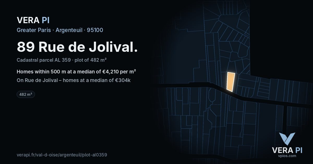 89 Rue de Jolival, Argenteuil at night – the plot lit, the parcels around coloured by the prices near them