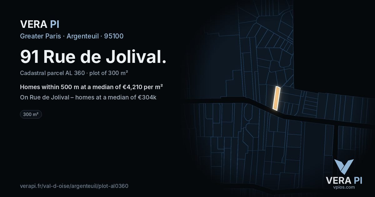 91 Rue de Jolival, Argenteuil at night – the plot lit, the parcels around coloured by the prices near them
