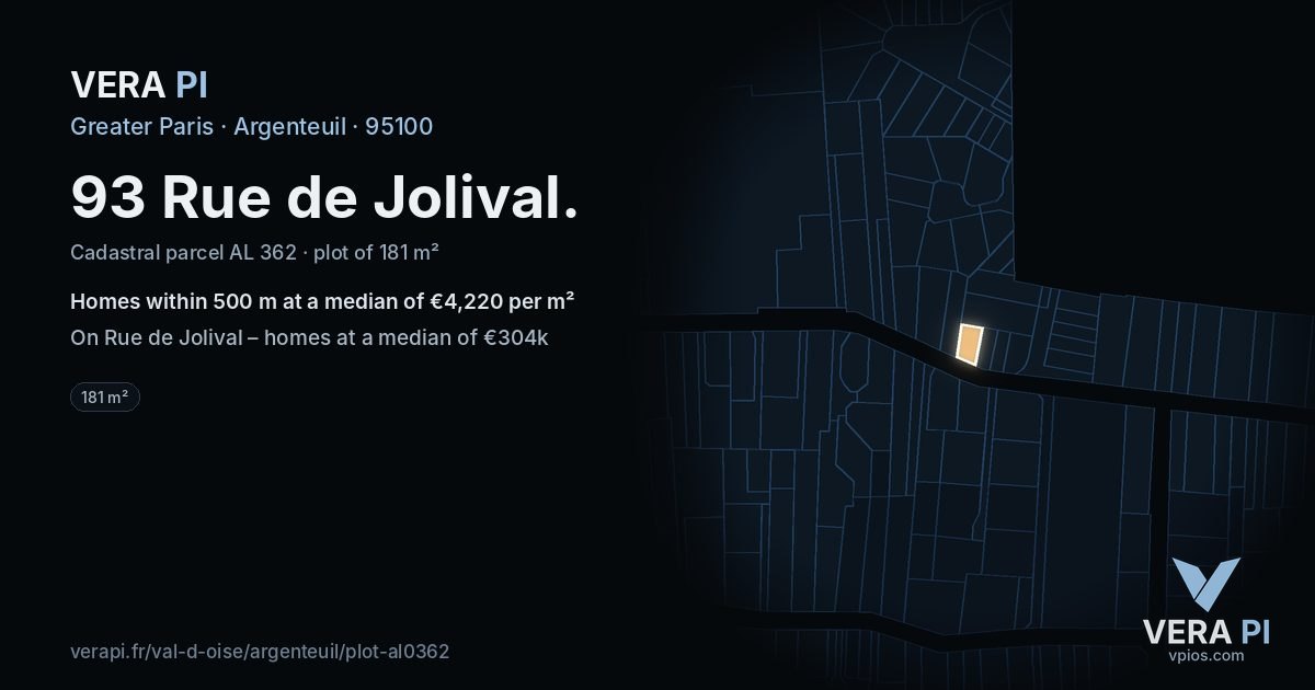 93 Rue de Jolival, Argenteuil at night – the plot lit, the parcels around coloured by the prices near them