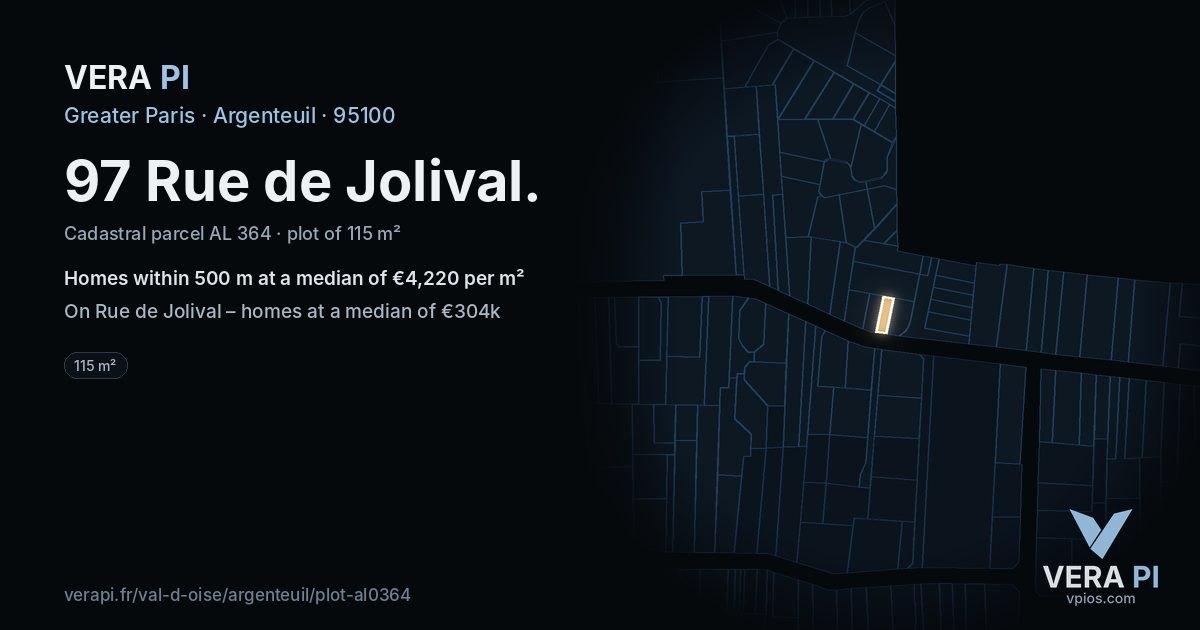 97 Rue de Jolival, Argenteuil at night – the plot lit, the parcels around coloured by the prices near them