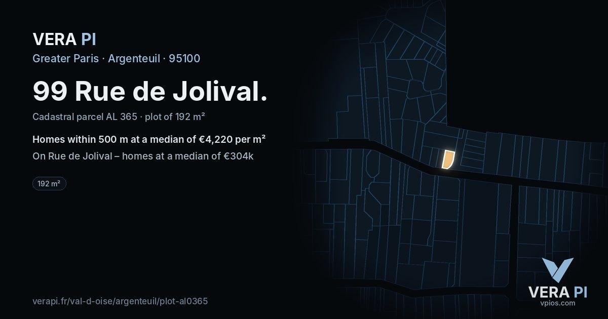 99 Rue de Jolival, Argenteuil at night – the plot lit, the parcels around coloured by the prices near them
