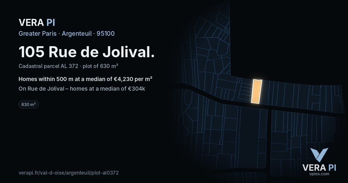 105 Rue de Jolival, Argenteuil at night – the plot lit, the parcels around coloured by the prices near them