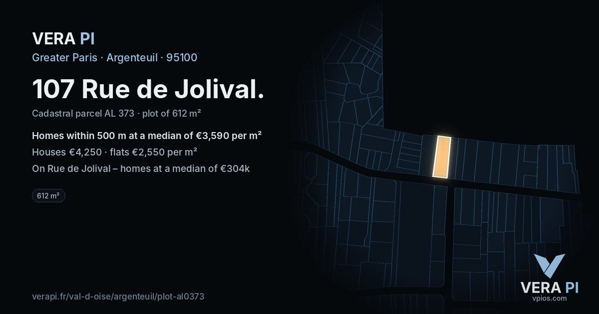 107 Rue de Jolival, Argenteuil at night – the plot lit, the parcels around coloured by the prices near them