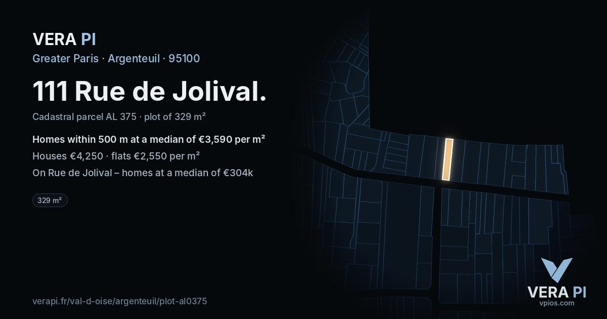 111 Rue de Jolival, Argenteuil at night – the plot lit, the parcels around coloured by the prices near them