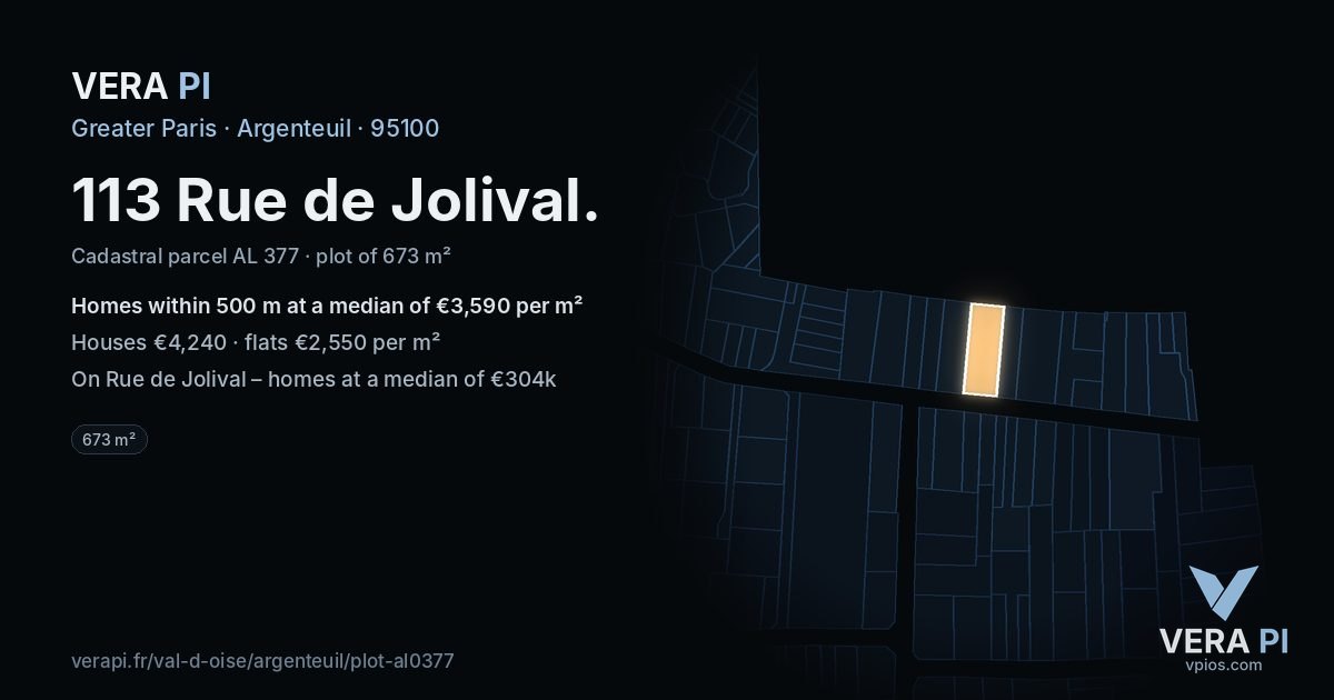 113 Rue de Jolival, Argenteuil at night – the plot lit, the parcels around coloured by the prices near them