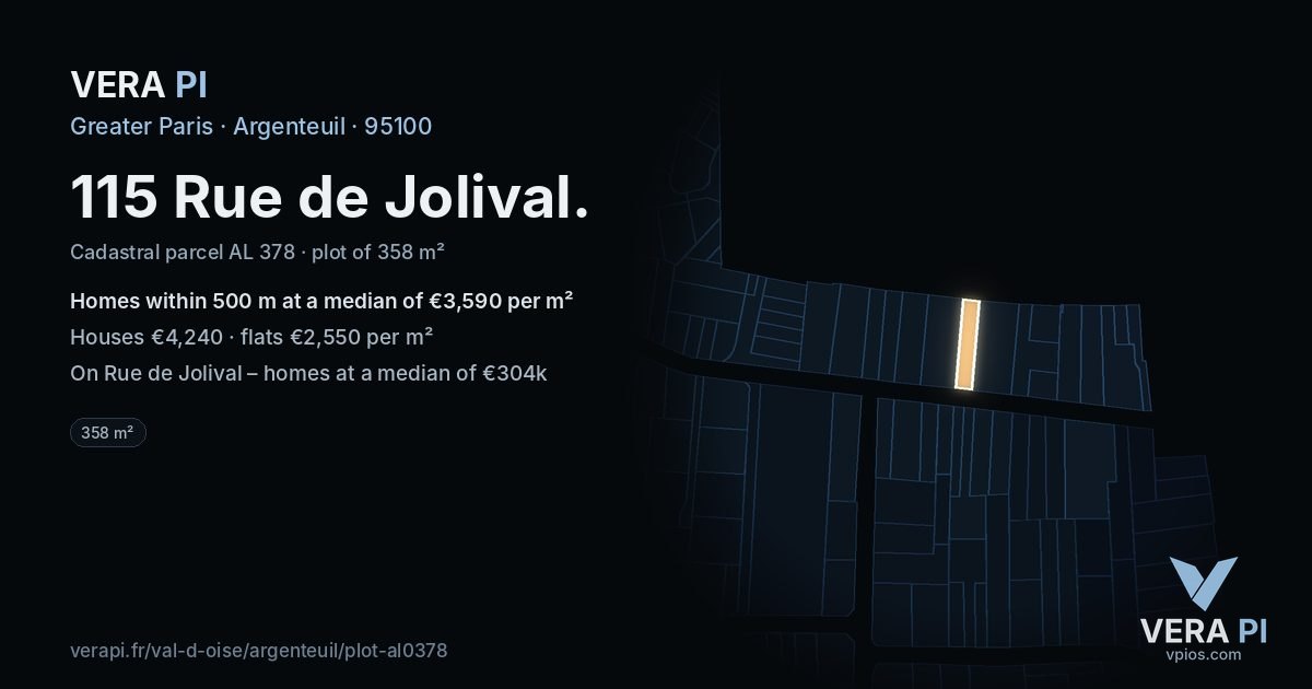 115 Rue de Jolival, Argenteuil at night – the plot lit, the parcels around coloured by the prices near them