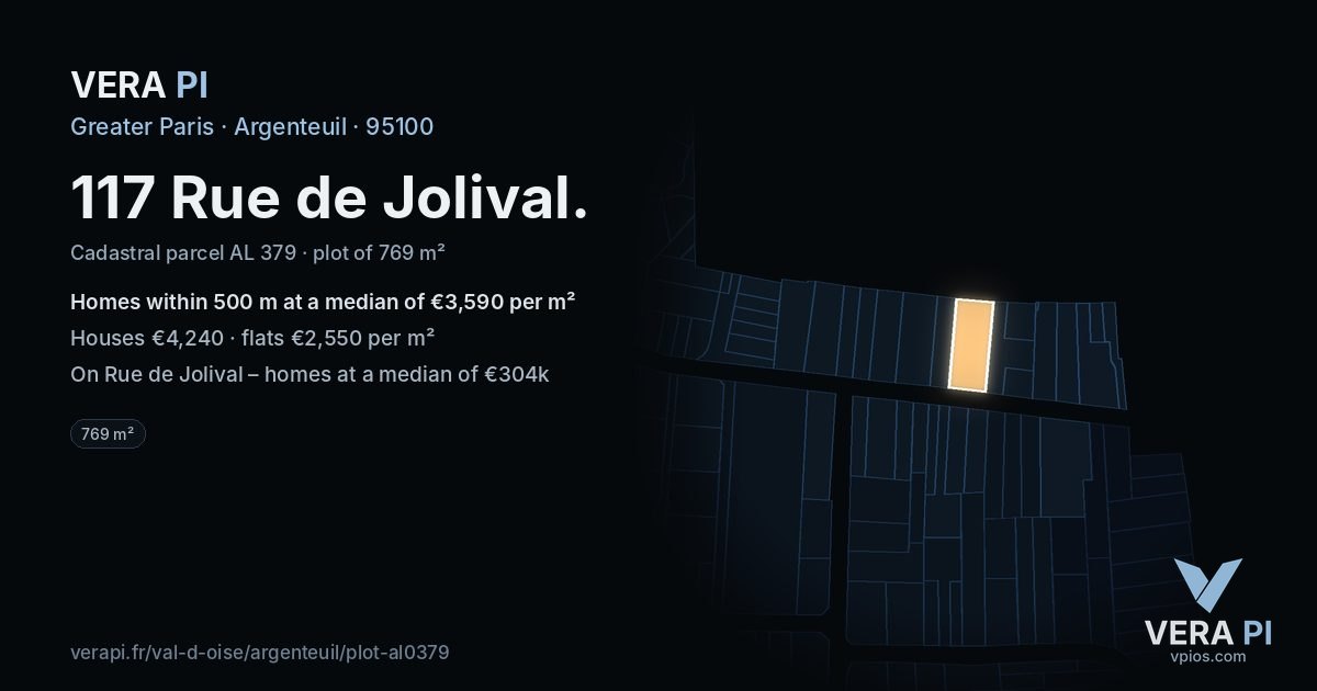 117 Rue de Jolival, Argenteuil at night – the plot lit, the parcels around coloured by the prices near them