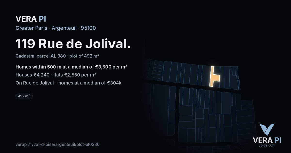 119 Rue de Jolival, Argenteuil at night – the plot lit, the parcels around coloured by the prices near them