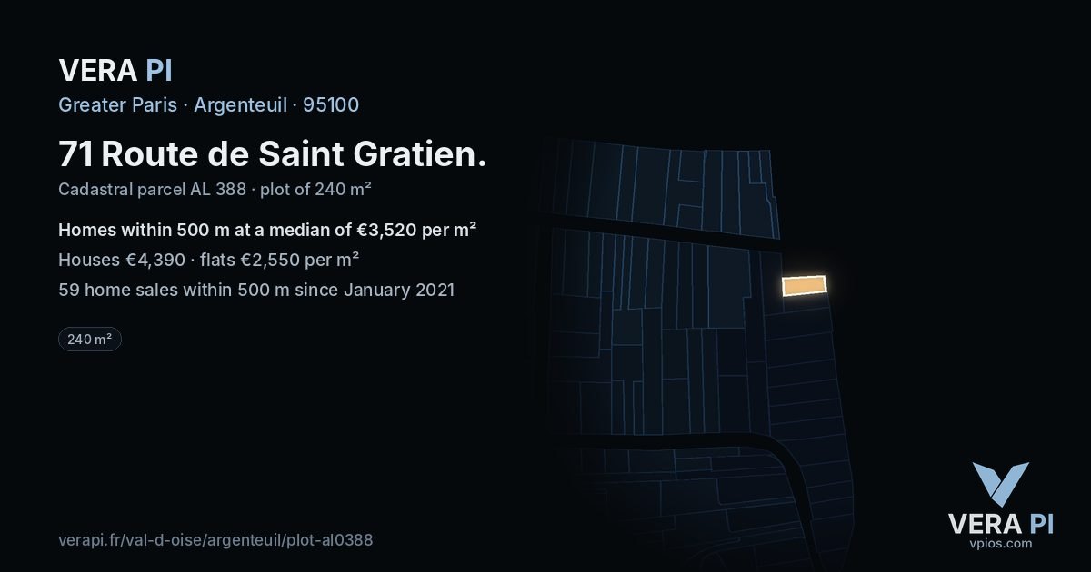 71 Route de Saint Gratien, Argenteuil at night – the plot lit, the parcels around coloured by the prices near them
