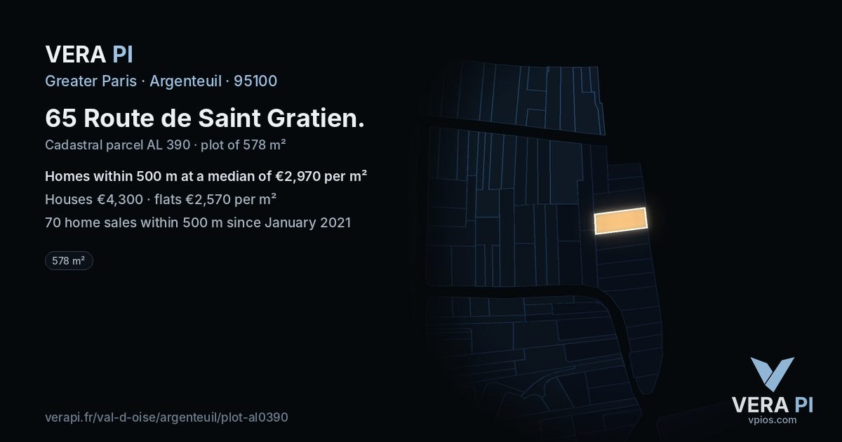 65 Route de Saint Gratien, Argenteuil at night – the plot lit, the parcels around coloured by the prices near them
