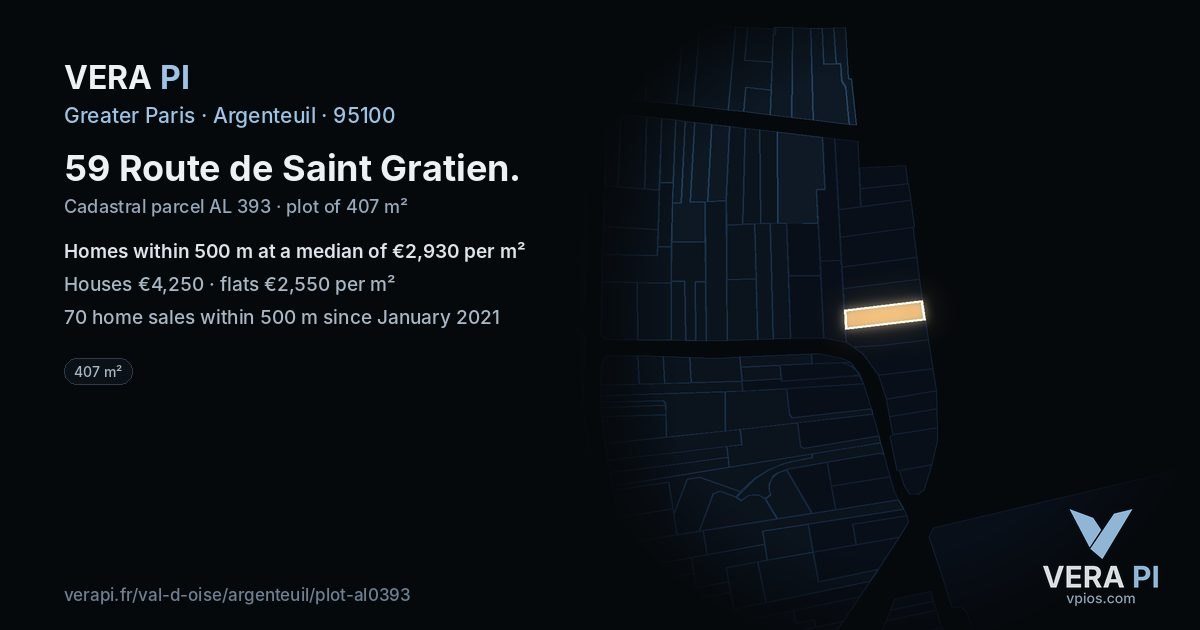 59 Route de Saint Gratien, Argenteuil at night – the plot lit, the parcels around coloured by the prices near them