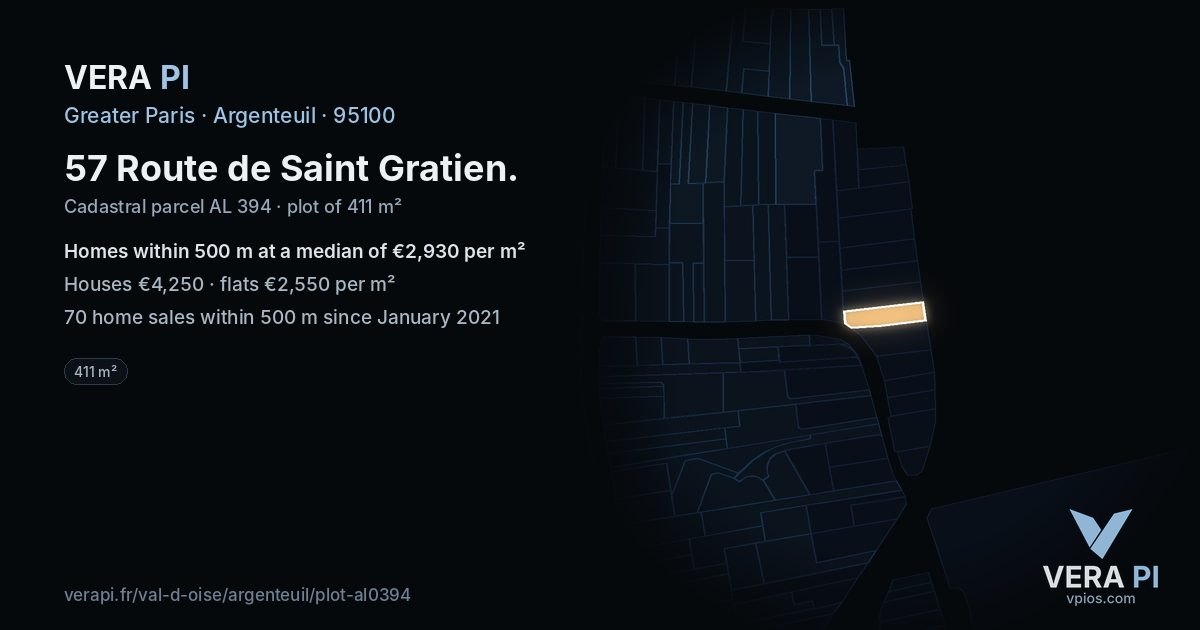 57 Route de Saint Gratien, Argenteuil at night – the plot lit, the parcels around coloured by the prices near them