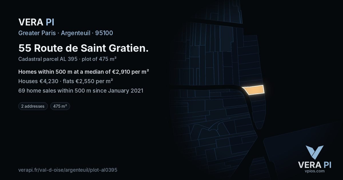 55 Route de Saint Gratien, Argenteuil at night – the plot lit, the parcels around coloured by the prices near them