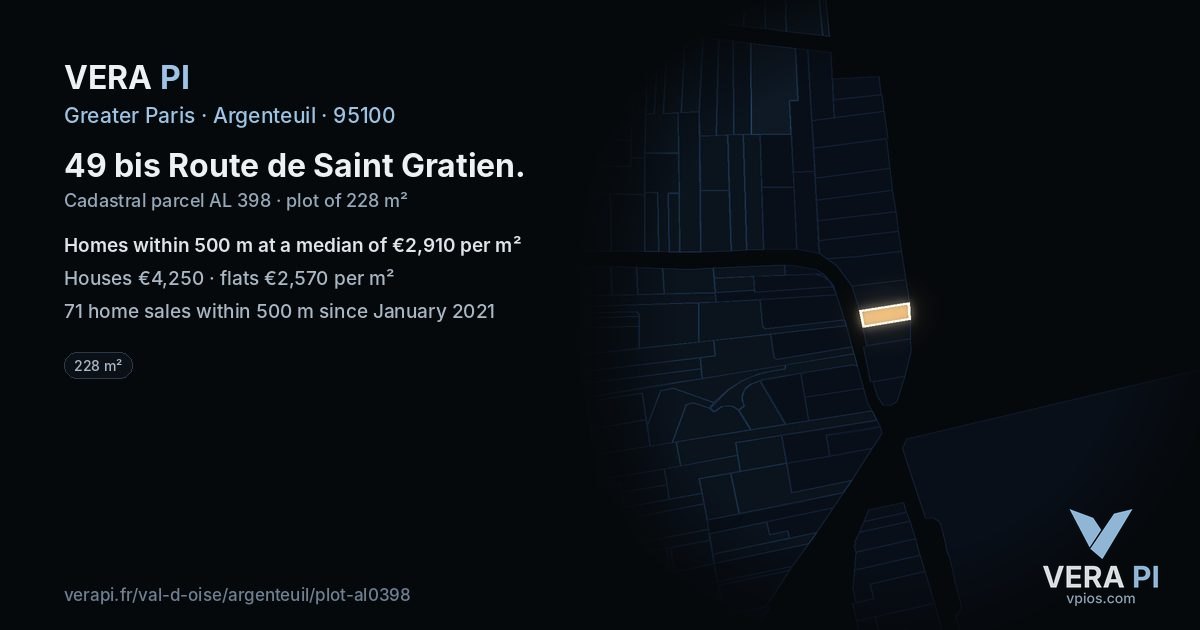 49 bis Route de Saint Gratien, Argenteuil at night – the plot lit, the parcels around coloured by the prices near them