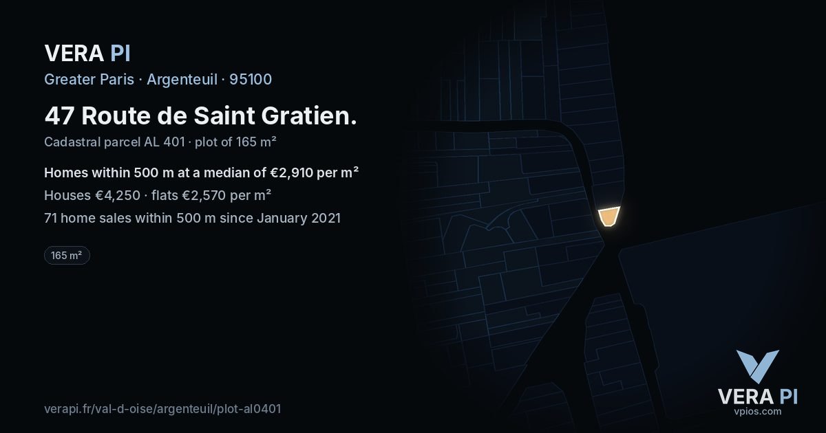 47 Route de Saint Gratien, Argenteuil at night – the plot lit, the parcels around coloured by the prices near them
