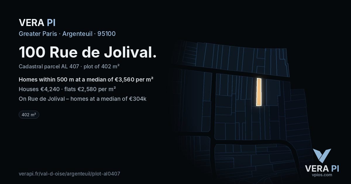 100 Rue de Jolival, Argenteuil at night – the plot lit, the parcels around coloured by the prices near them
