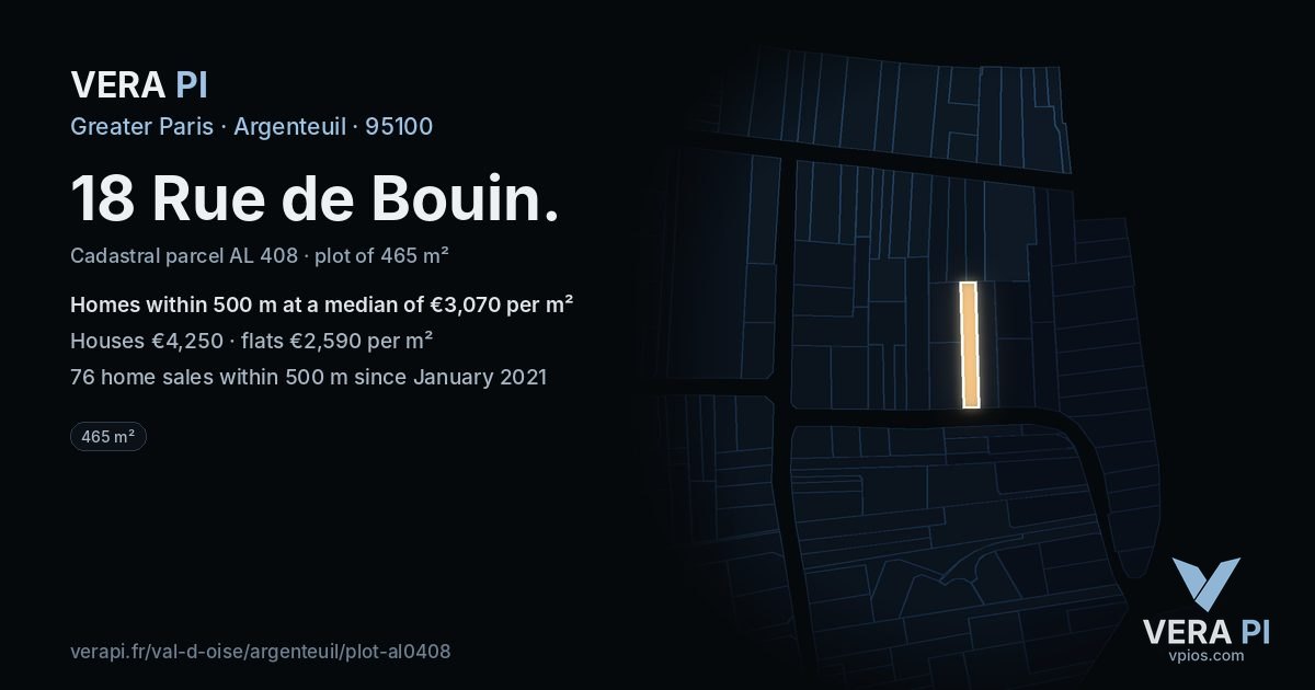 18 Rue de Bouin, Argenteuil at night – the plot lit, the parcels around coloured by the prices near them