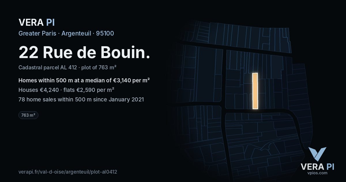 22 Rue de Bouin, Argenteuil at night – the plot lit, the parcels around coloured by the prices near them