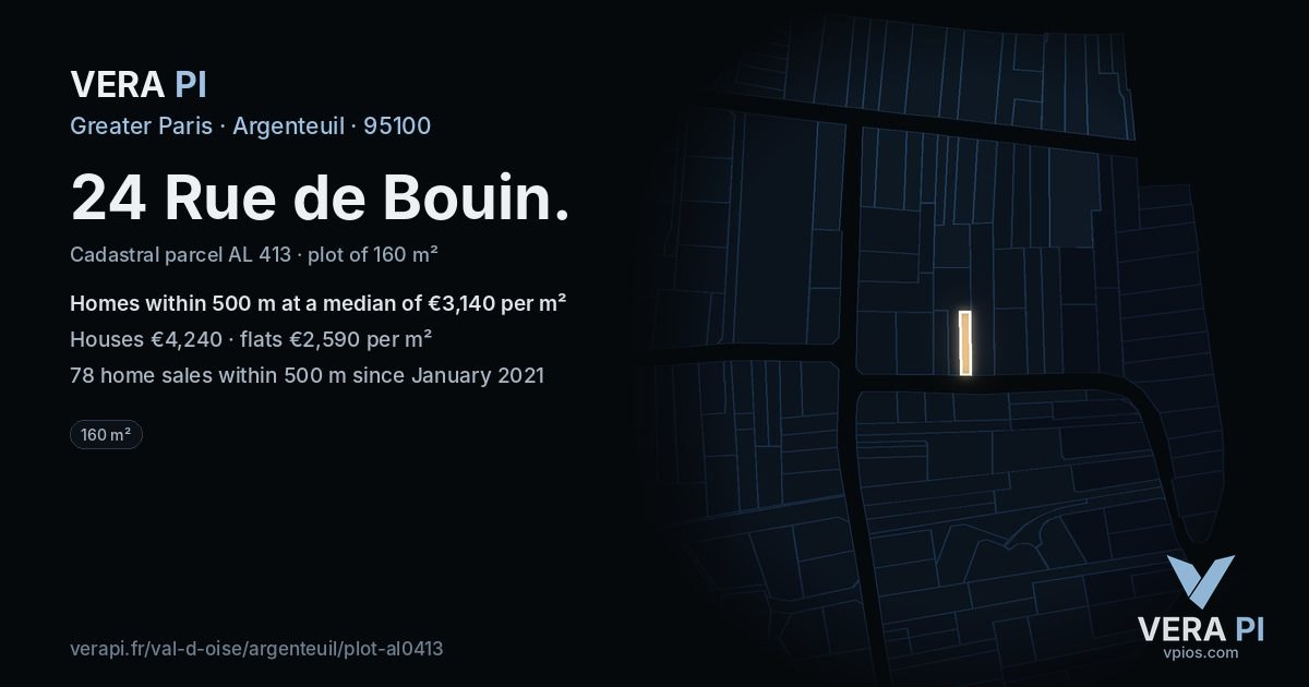 24 Rue de Bouin, Argenteuil at night – the plot lit, the parcels around coloured by the prices near them