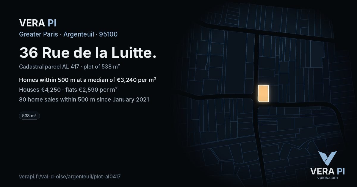 36 Rue de la Luitte, Argenteuil at night – the plot lit, the parcels around coloured by the prices near them