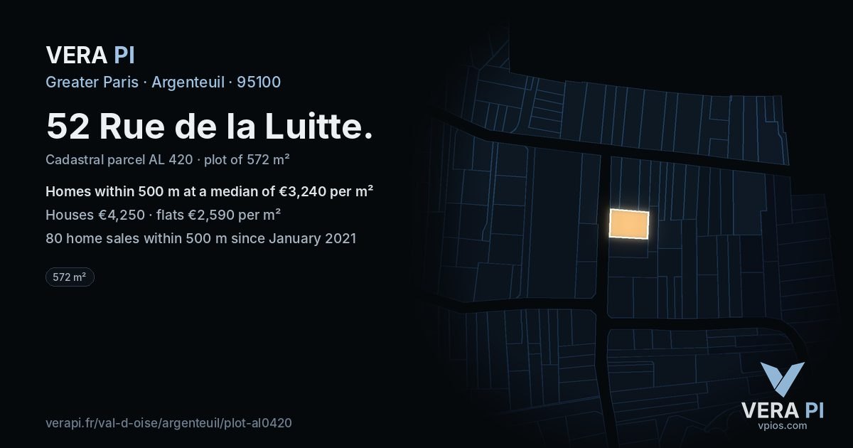 52 Rue de la Luitte, Argenteuil at night – the plot lit, the parcels around coloured by the prices near them