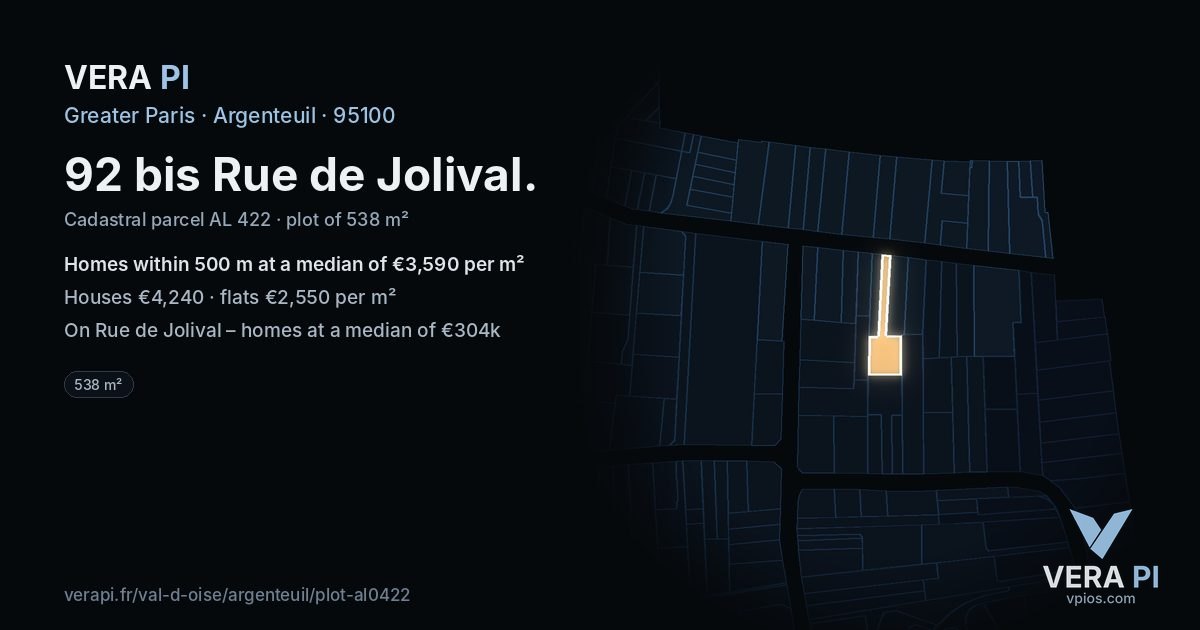 92 bis Rue de Jolival, Argenteuil at night – the plot lit, the parcels around coloured by the prices near them
