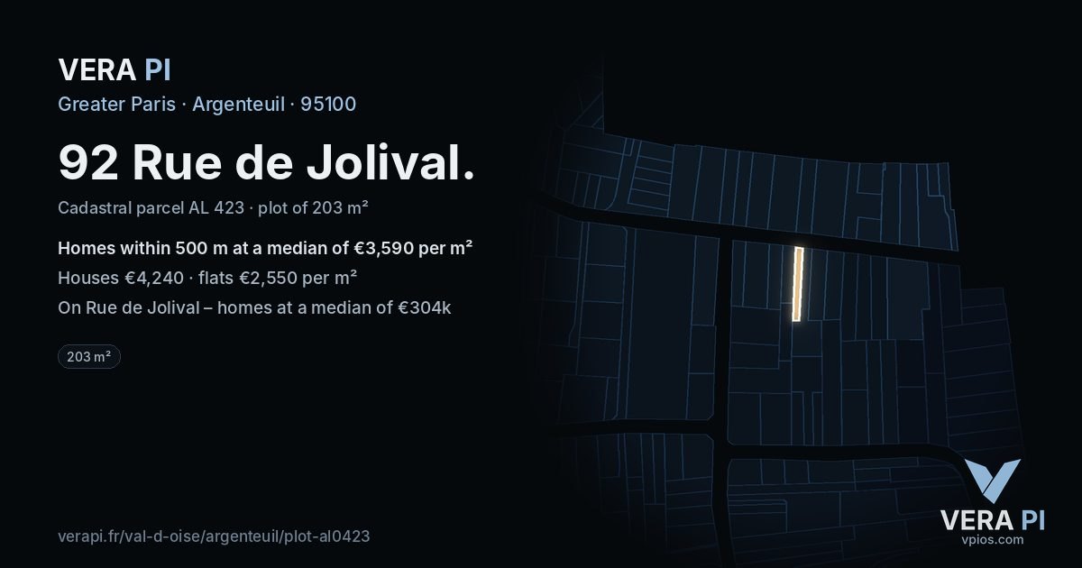 92 Rue de Jolival, Argenteuil at night – the plot lit, the parcels around coloured by the prices near them