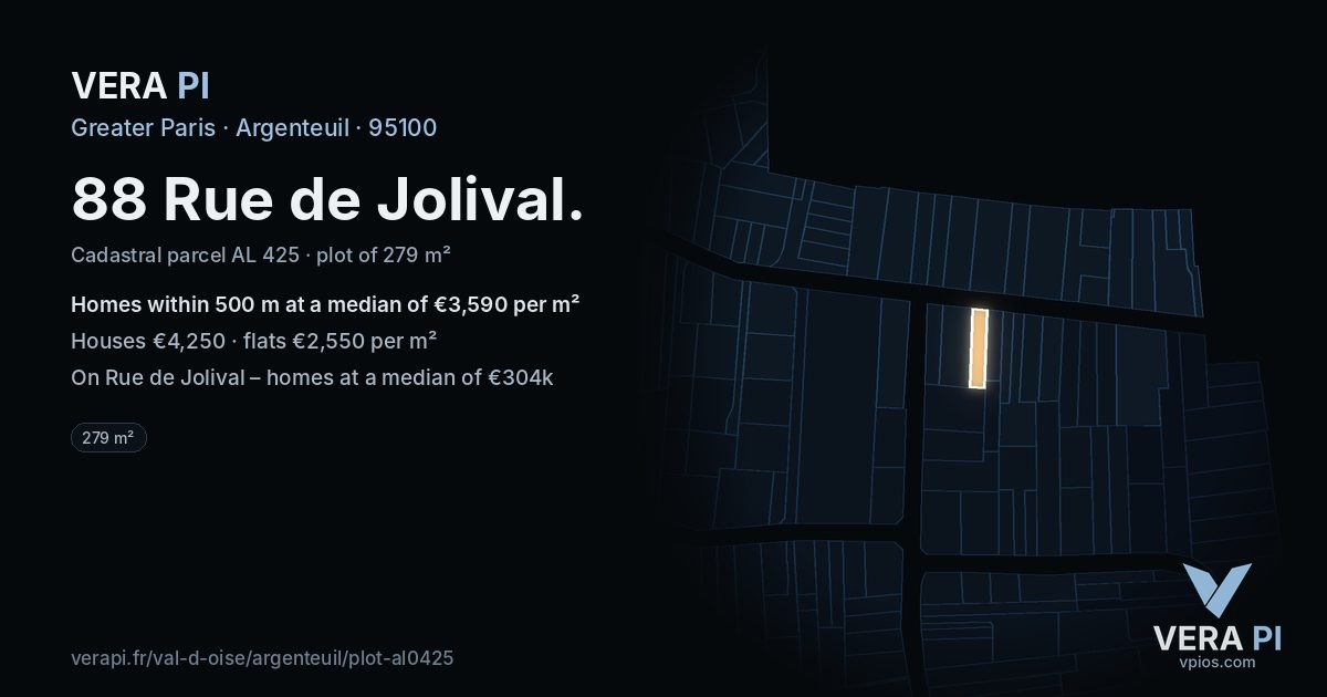 88 Rue de Jolival, Argenteuil at night – the plot lit, the parcels around coloured by the prices near them