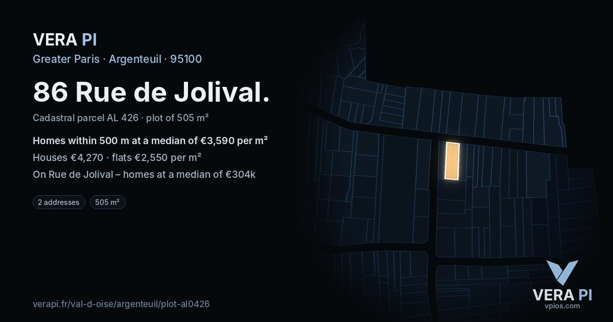 86 Rue de Jolival, Argenteuil at night – the plot lit, the parcels around coloured by the prices near them