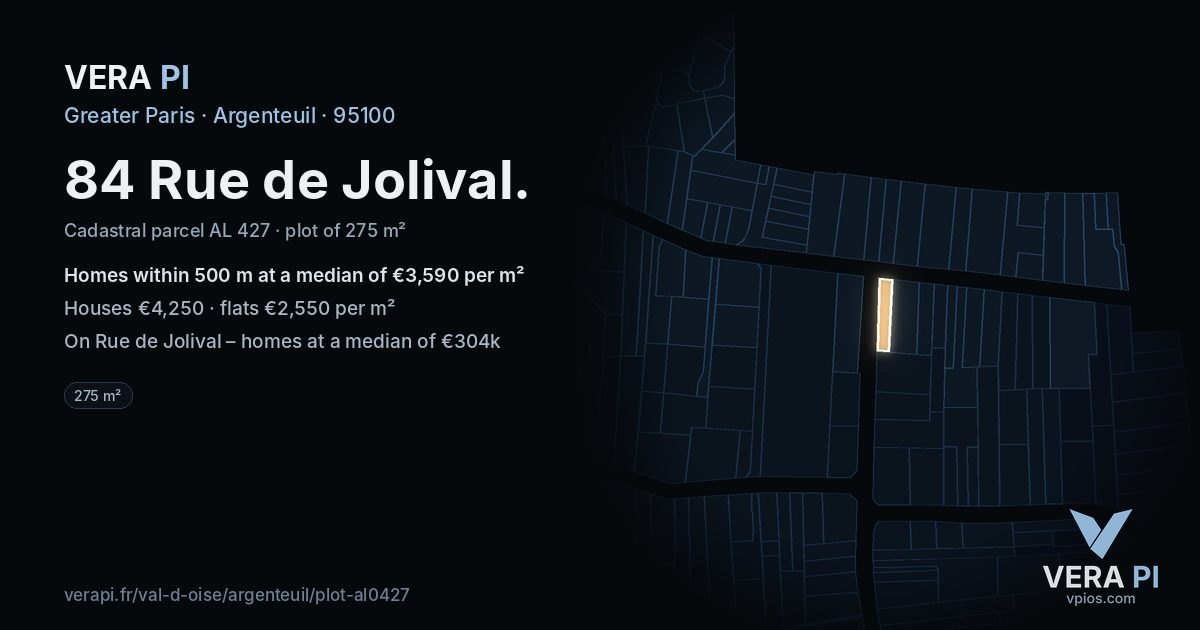 84 Rue de Jolival, Argenteuil at night – the plot lit, the parcels around coloured by the prices near them