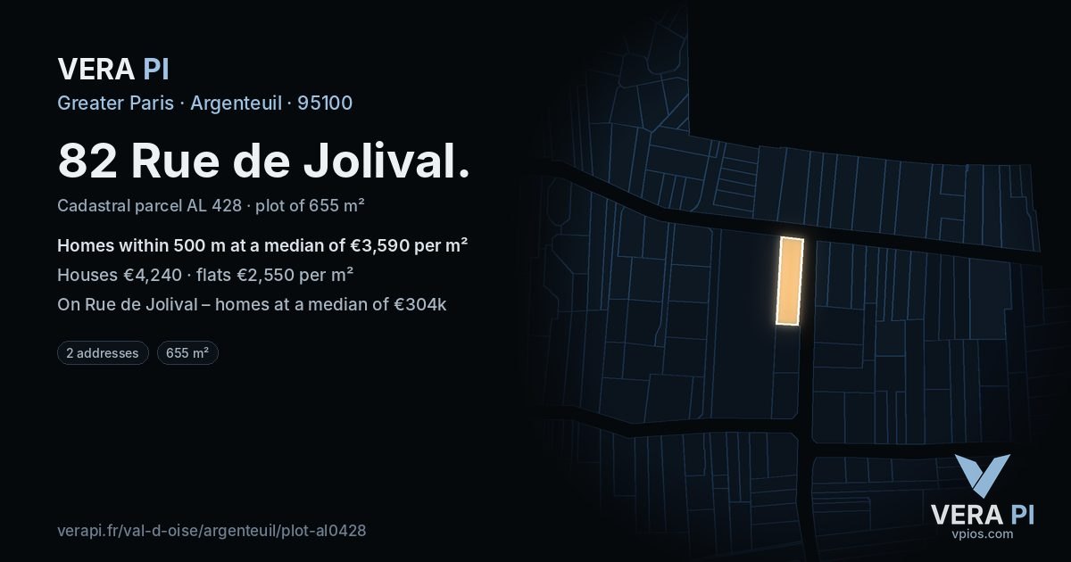 82 Rue de Jolival, Argenteuil at night – the plot lit, the parcels around coloured by the prices near them