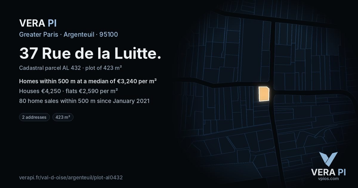 37 Rue de la Luitte, Argenteuil at night – the plot lit, the parcels around coloured by the prices near them