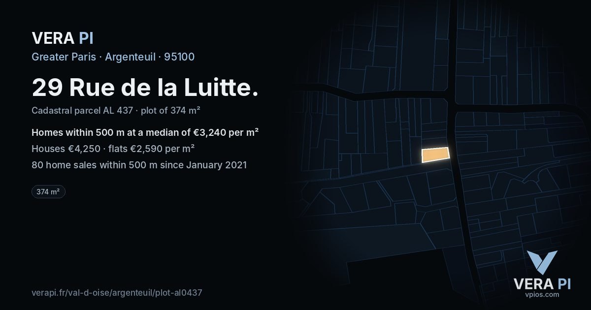 29 Rue de la Luitte, Argenteuil at night – the plot lit, the parcels around coloured by the prices near them