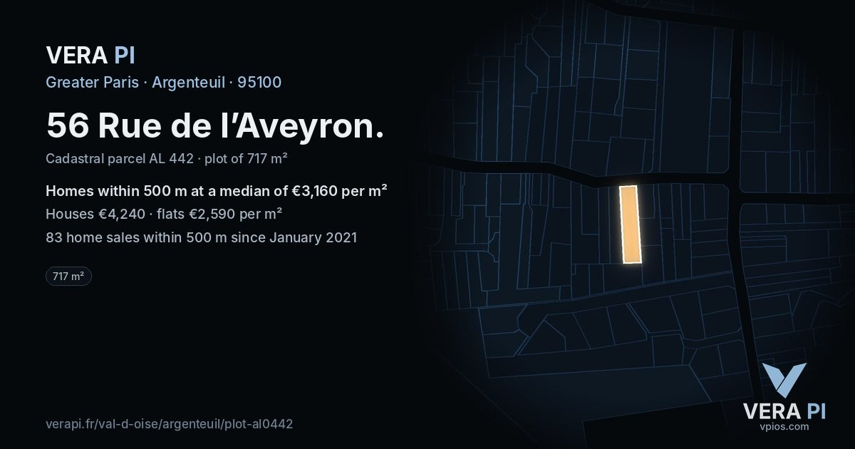 56 Rue de l’Aveyron, Argenteuil at night – the plot lit, the parcels around coloured by the prices near them