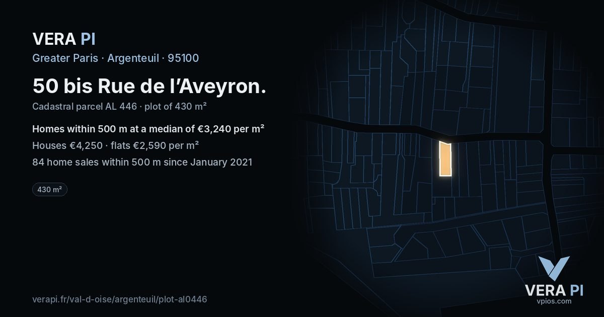 50 bis Rue de l’Aveyron, Argenteuil at night – the plot lit, the parcels around coloured by the prices near them