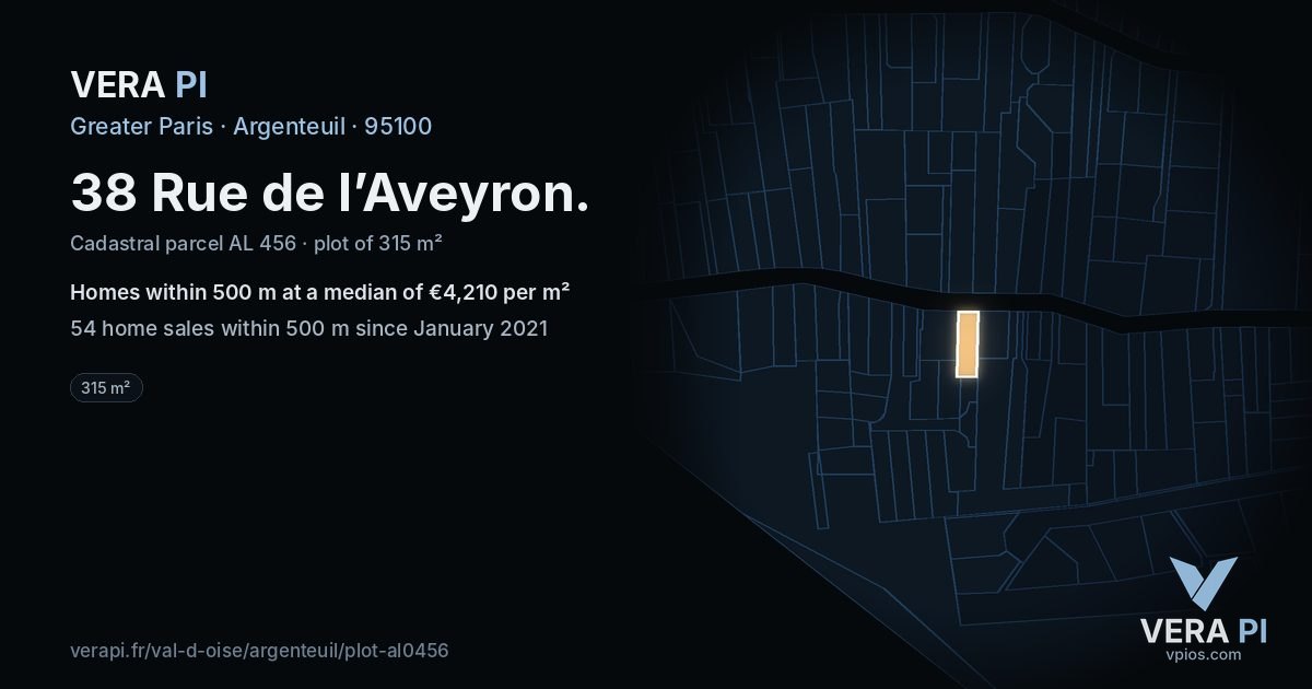 38 Rue de l’Aveyron, Argenteuil at night – the plot lit, the parcels around coloured by the prices near them