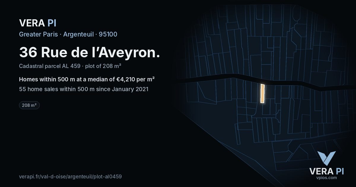 36 Rue de l’Aveyron, Argenteuil at night – the plot lit, the parcels around coloured by the prices near them