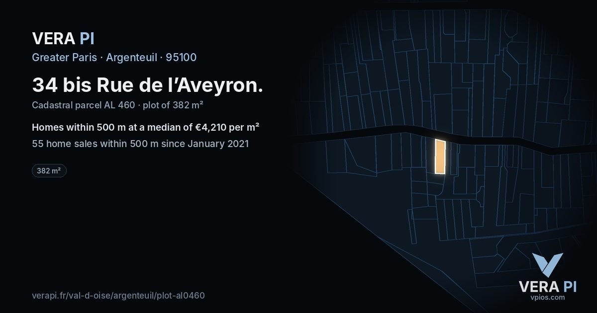 34 bis Rue de l’Aveyron, Argenteuil at night – the plot lit, the parcels around coloured by the prices near them