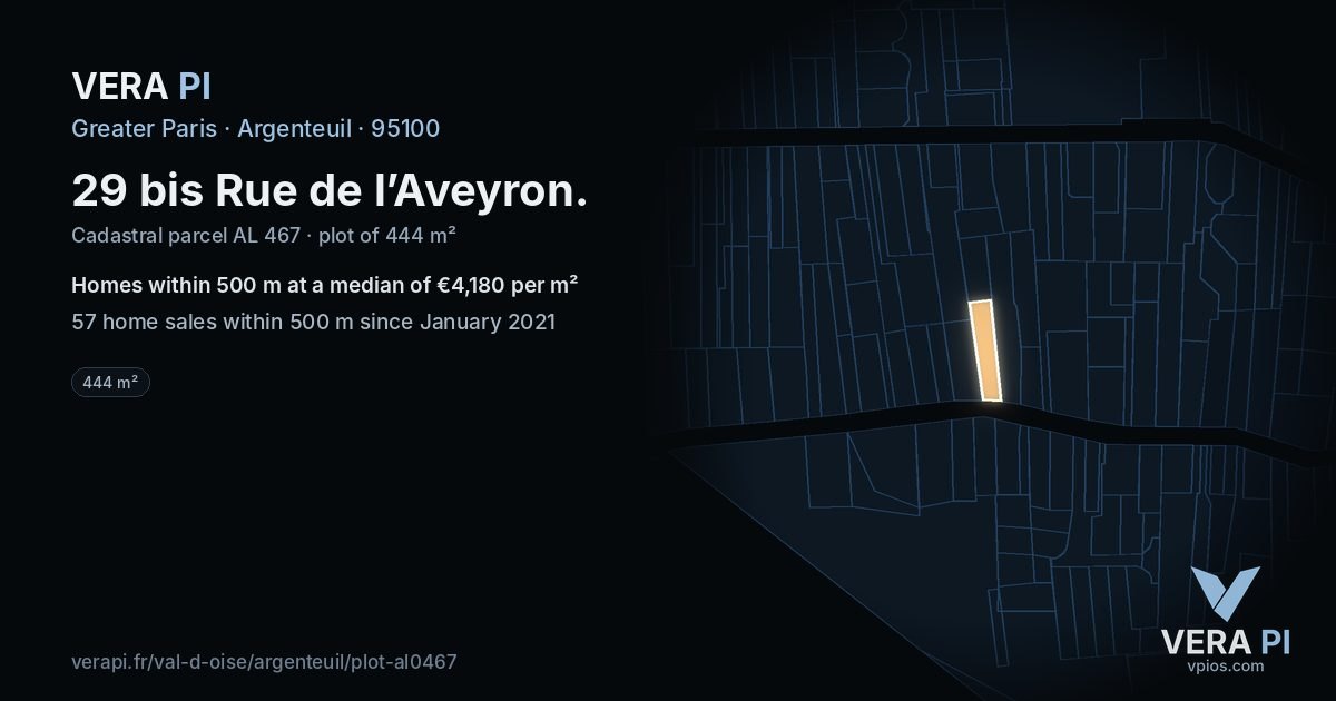 29 bis Rue de l’Aveyron, Argenteuil at night – the plot lit, the parcels around coloured by the prices near them
