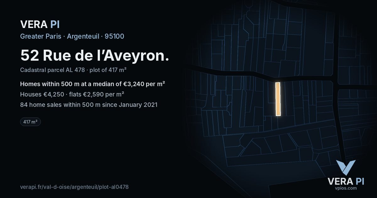 52 Rue de l’Aveyron, Argenteuil at night – the plot lit, the parcels around coloured by the prices near them