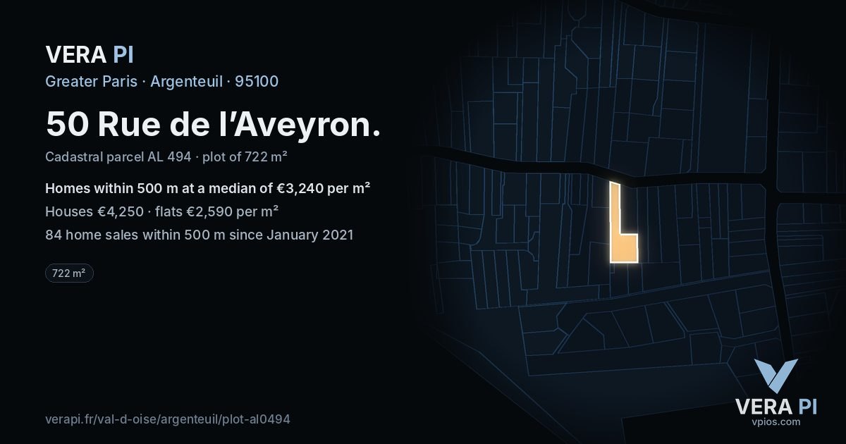 50 Rue de l’Aveyron, Argenteuil at night – the plot lit, the parcels around coloured by the prices near them