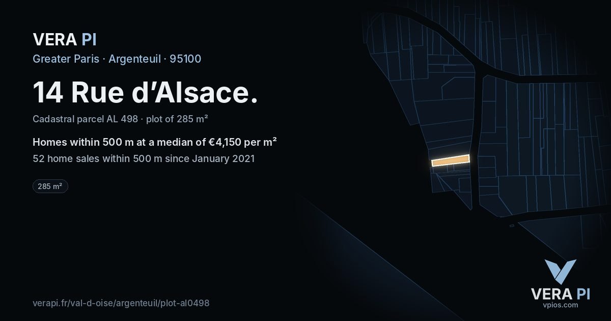 14 Rue d’Alsace, Argenteuil at night – the plot lit, the parcels around coloured by the prices near them