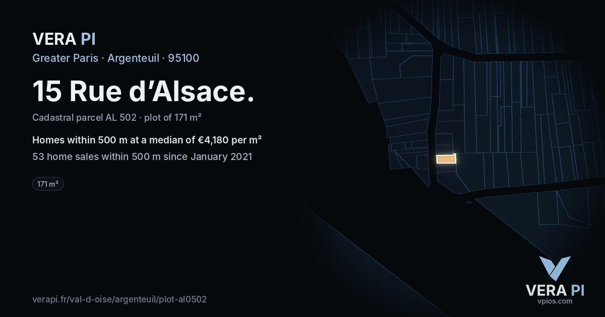 15 Rue d’Alsace, Argenteuil at night – the plot lit, the parcels around coloured by the prices near them