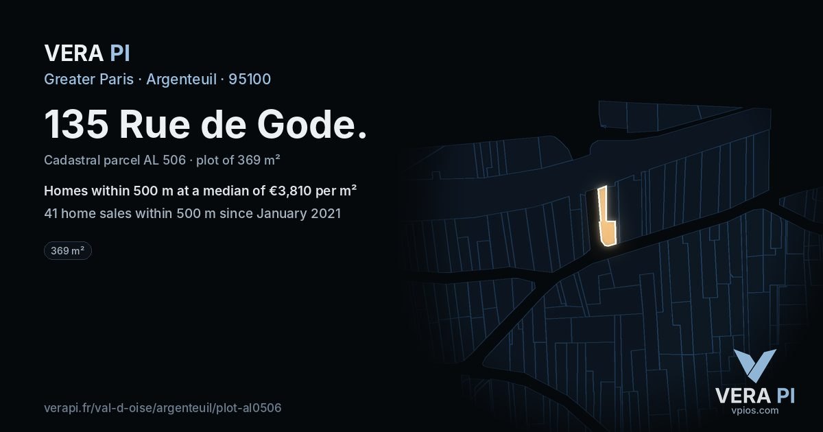 135 Rue de Gode, Argenteuil at night – the plot lit, the parcels around coloured by the prices near them