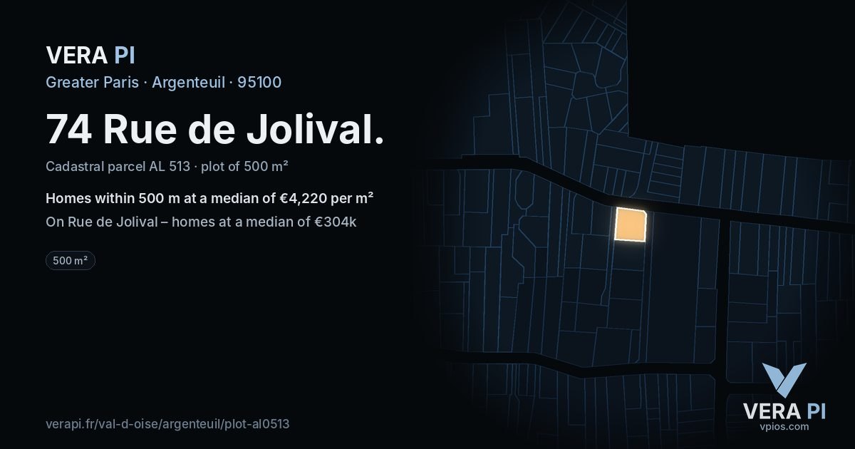 74 Rue de Jolival, Argenteuil at night – the plot lit, the parcels around coloured by the prices near them