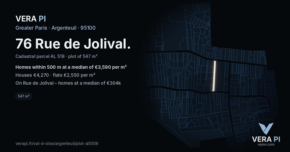 76 Rue de Jolival, Argenteuil at night – the plot lit, the parcels around coloured by the prices near them