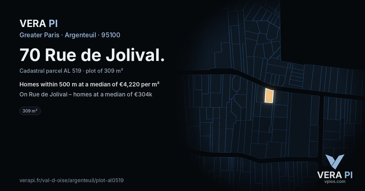 70 Rue de Jolival, Argenteuil at night – the plot lit, the parcels around coloured by the prices near them