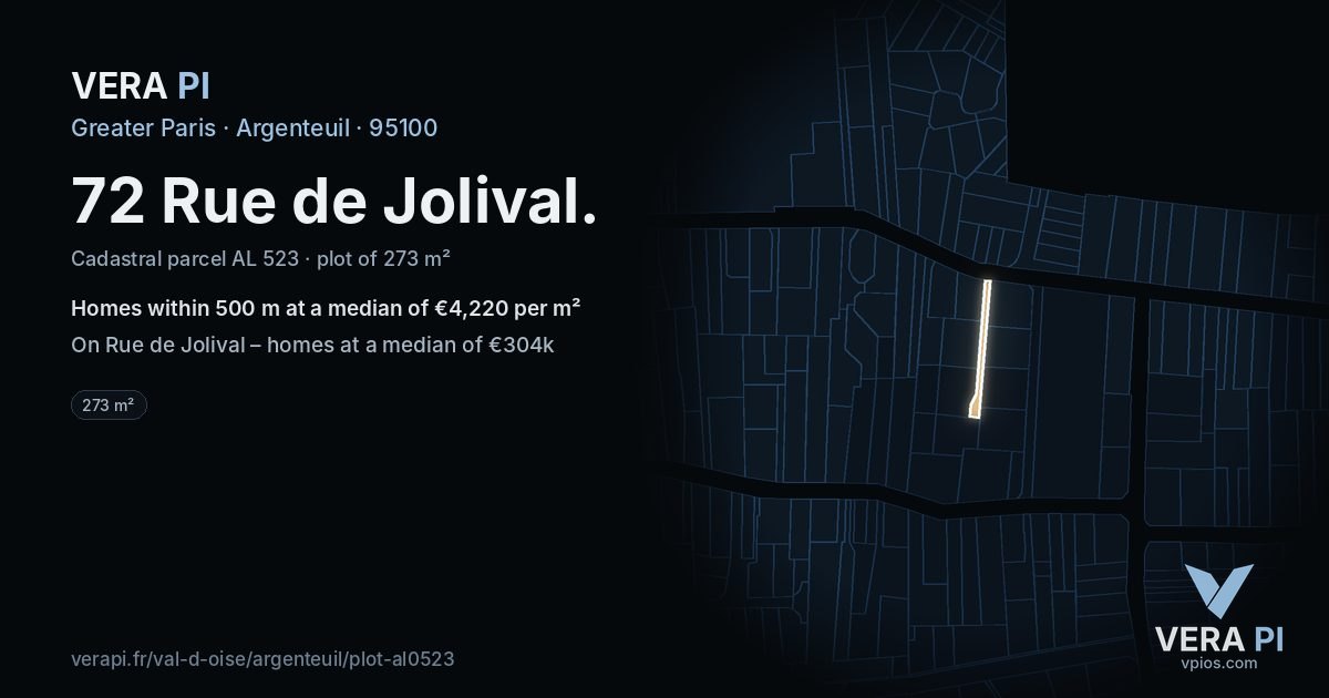 72 Rue de Jolival, Argenteuil at night – the plot lit, the parcels around coloured by the prices near them