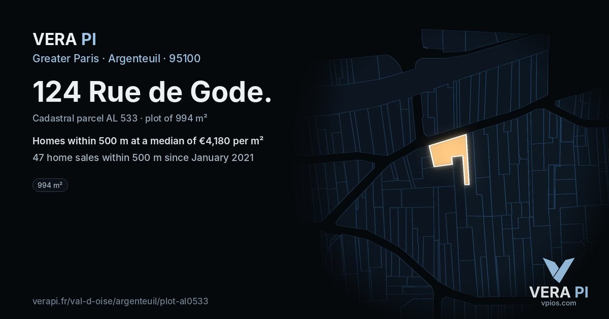 124 Rue de Gode, Argenteuil at night – the plot lit, the parcels around coloured by the prices near them